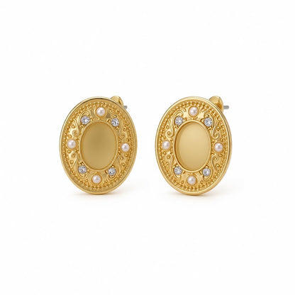 Yellow Cats Eye and Pearl 18K Gold-Plated Oval Stud Earrings, gold stud earrings for women, side view