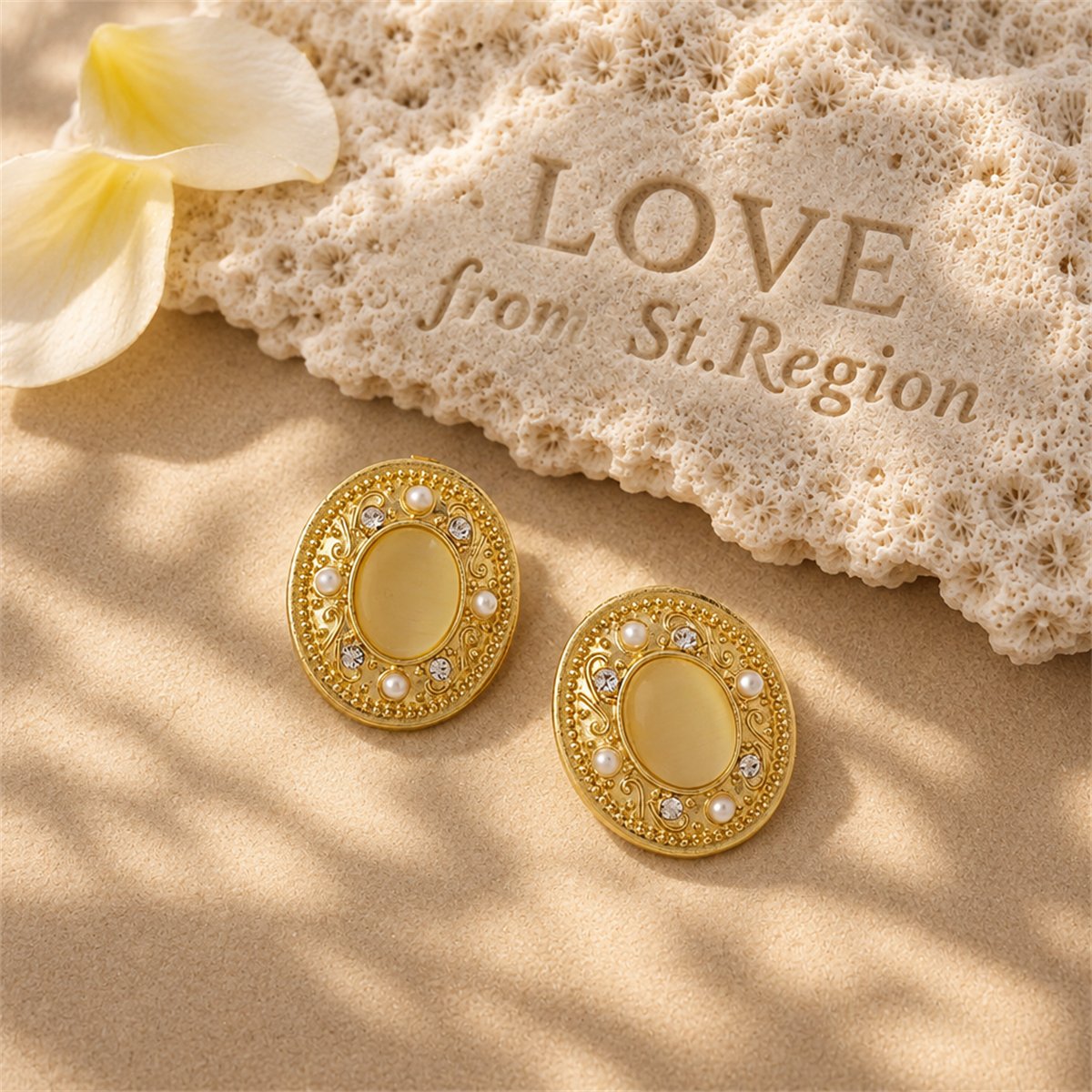 Yellow Cats Eye and Pearl 18K Gold-Plated Oval Stud Earrings, gold stud earrings for women, lifestyle look