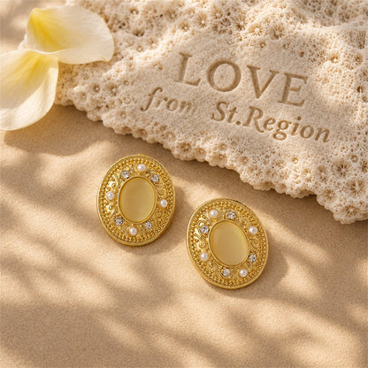 Yellow Cats Eye and Pearl 18K Gold-Plated Oval Stud Earrings, gold stud earrings for women, lifestyle look
