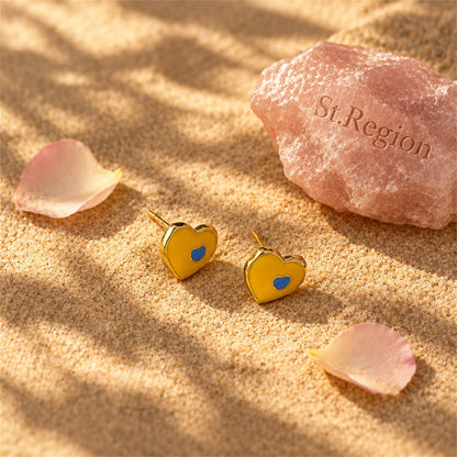 Yellow and Blue Enamel Heart Stud Earrings, stud earrings for women, everyday style, detail close-up