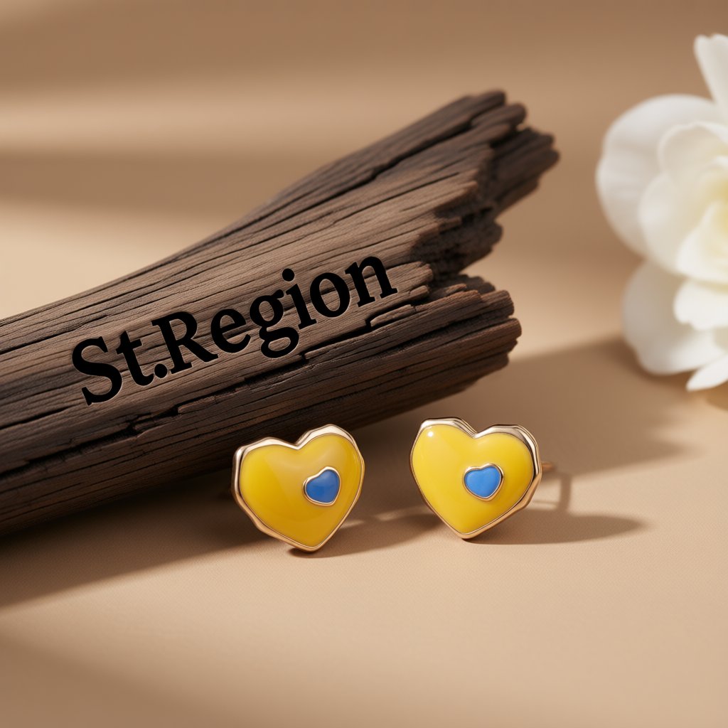 Yellow and Blue Enamel Heart Stud Earrings, stud earrings for women, everyday style, front view