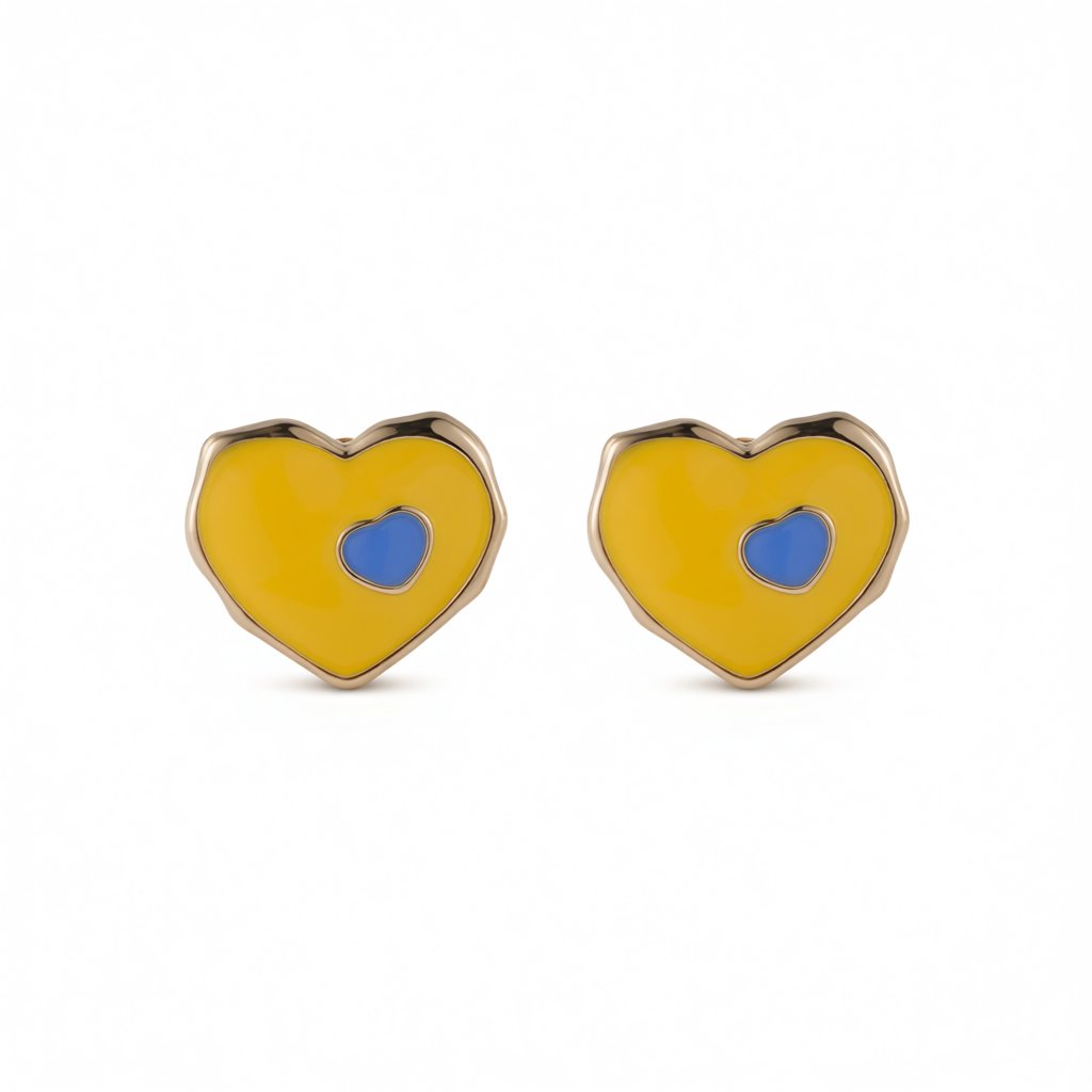 Yellow and Blue Enamel Heart Stud Earrings, stud earrings for women, everyday style, side view