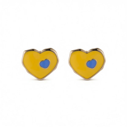 Yellow and Blue Enamel Heart Stud Earrings, stud earrings for women, everyday style, side view