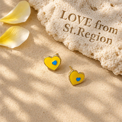Yellow and Blue Enamel Heart Stud Earrings, stud earrings for women, everyday style, lifestyle look