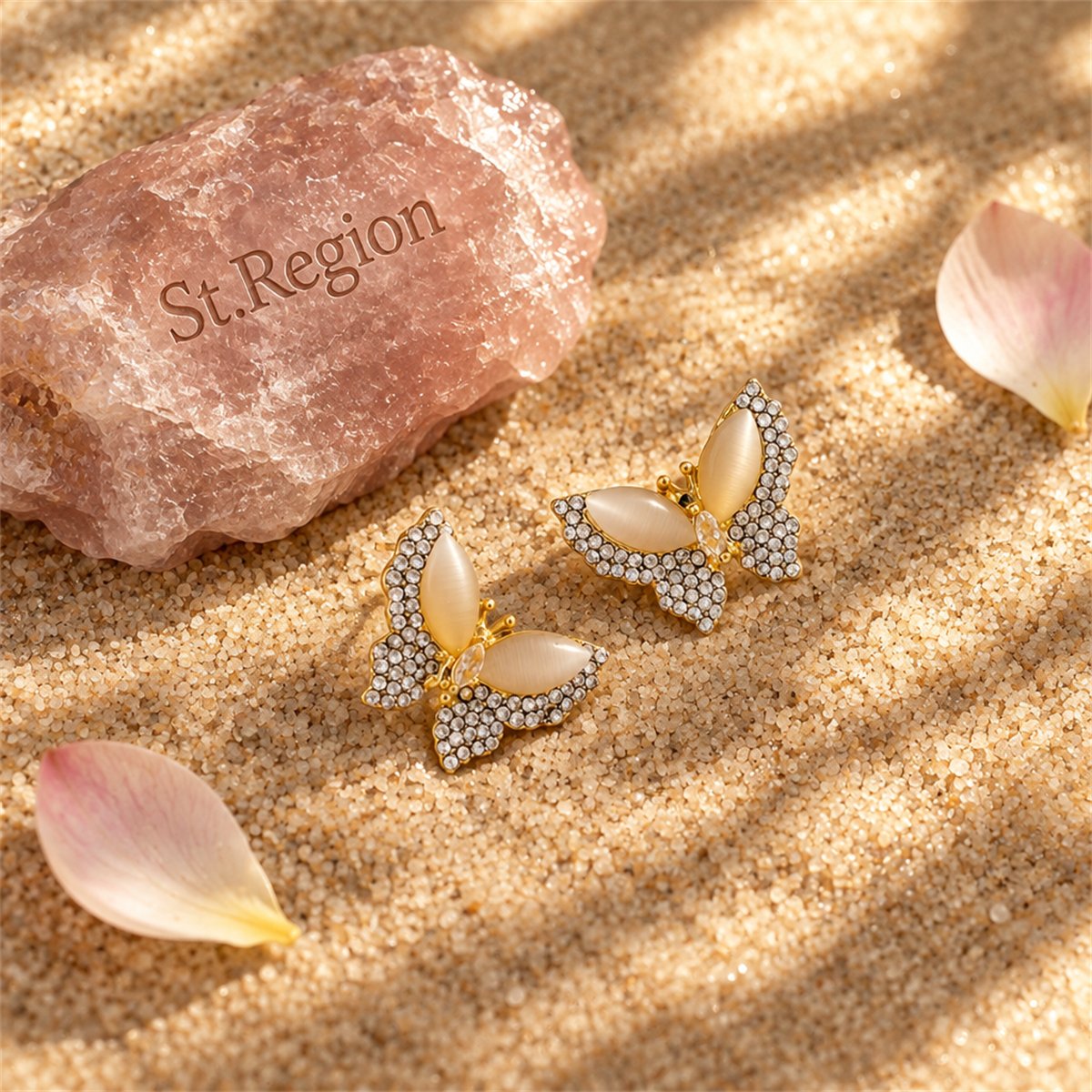 Cubic Zirconia and Cats Eye Butterfly Stud Earrings, stud earrings for women, elegant gift for her, detail close-up