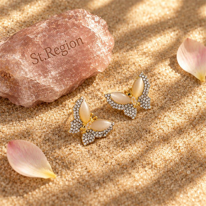 Cubic Zirconia and Cats Eye Butterfly Stud Earrings, stud earrings for women, elegant gift for her, detail close-up