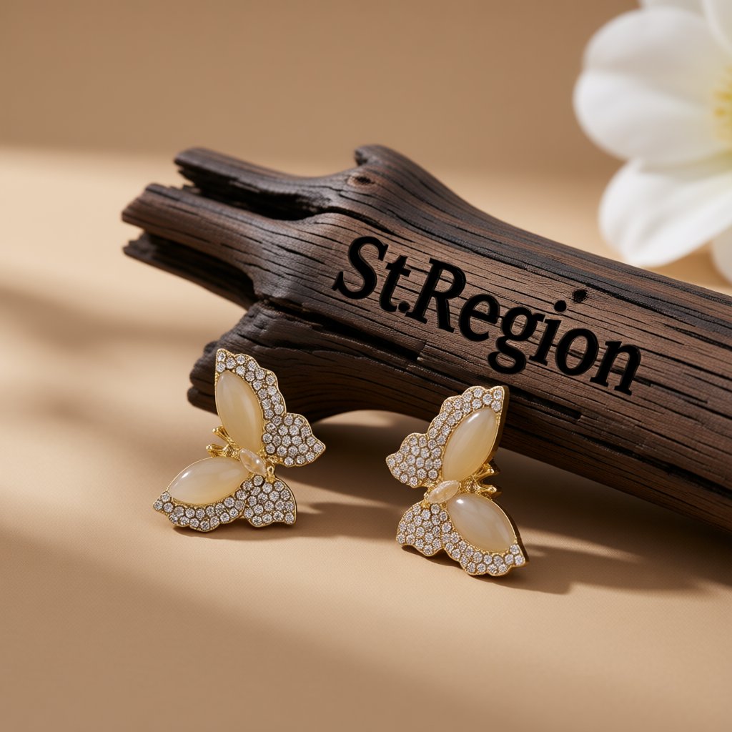 Cubic Zirconia and Cats Eye Butterfly Stud Earrings, stud earrings for women, elegant gift for her, front view
