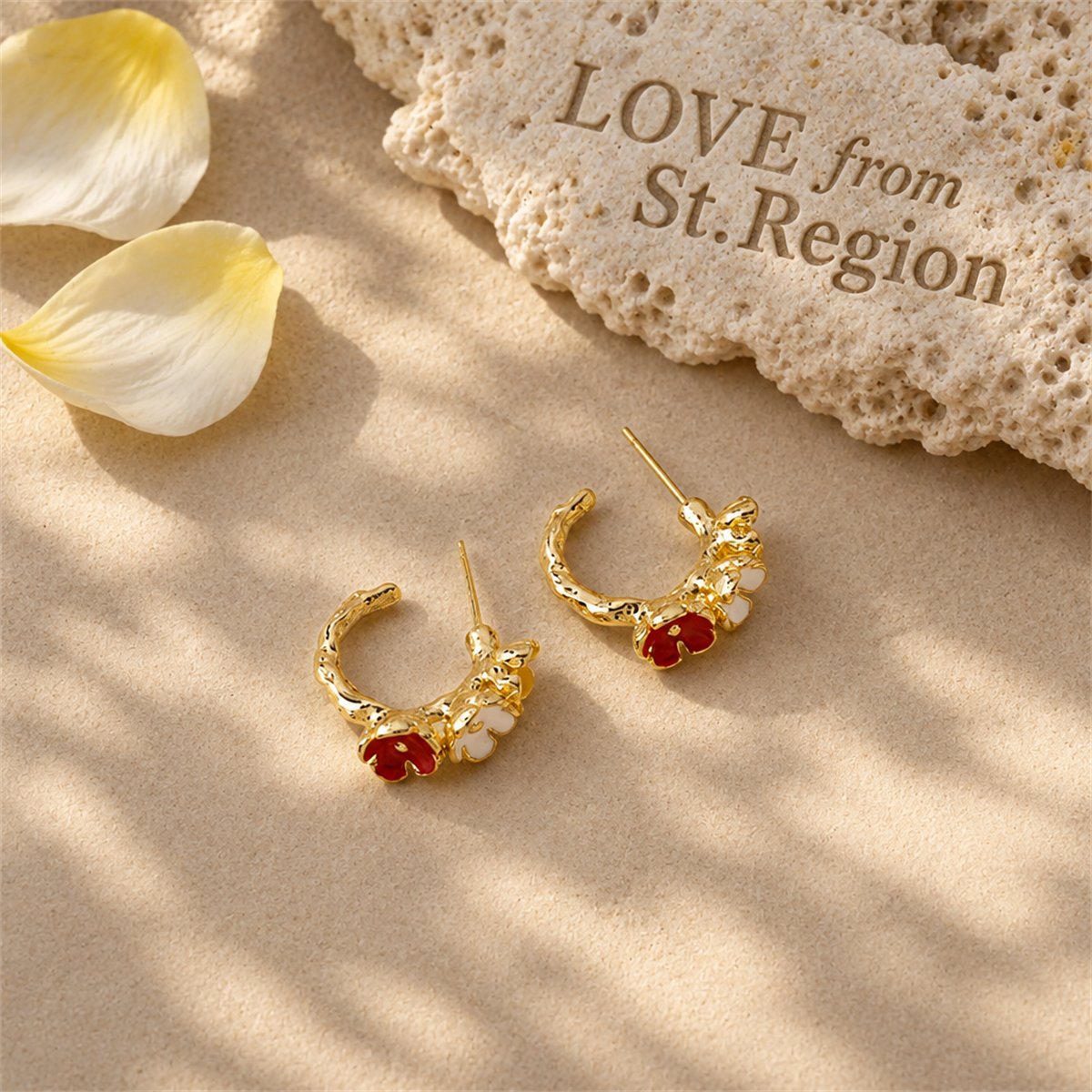 Red Enamel and 18K Gold-Plated Flower Huggie Earrings, gold huggie earrings, elegant gift for her, lifestyle look