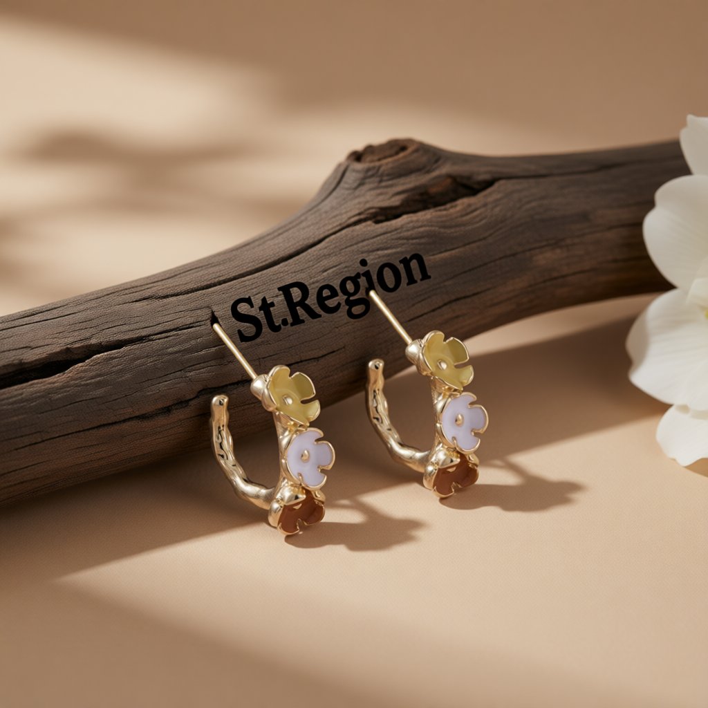 Red Enamel and 18K Gold-Plated Flower Huggie Earrings, gold huggie earrings, elegant gift for her, front view