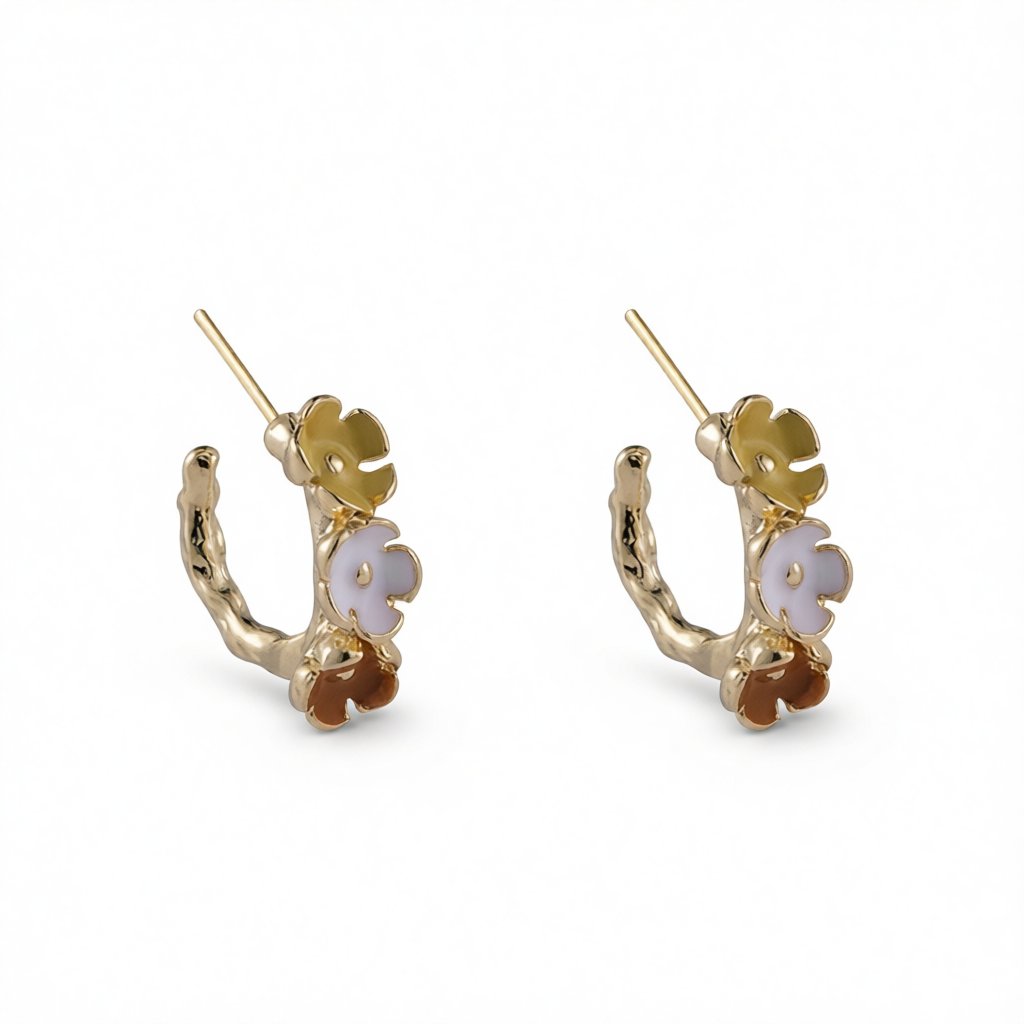 Red Enamel and 18K Gold-Plated Flower Huggie Earrings, gold huggie earrings, elegant gift for her, side view