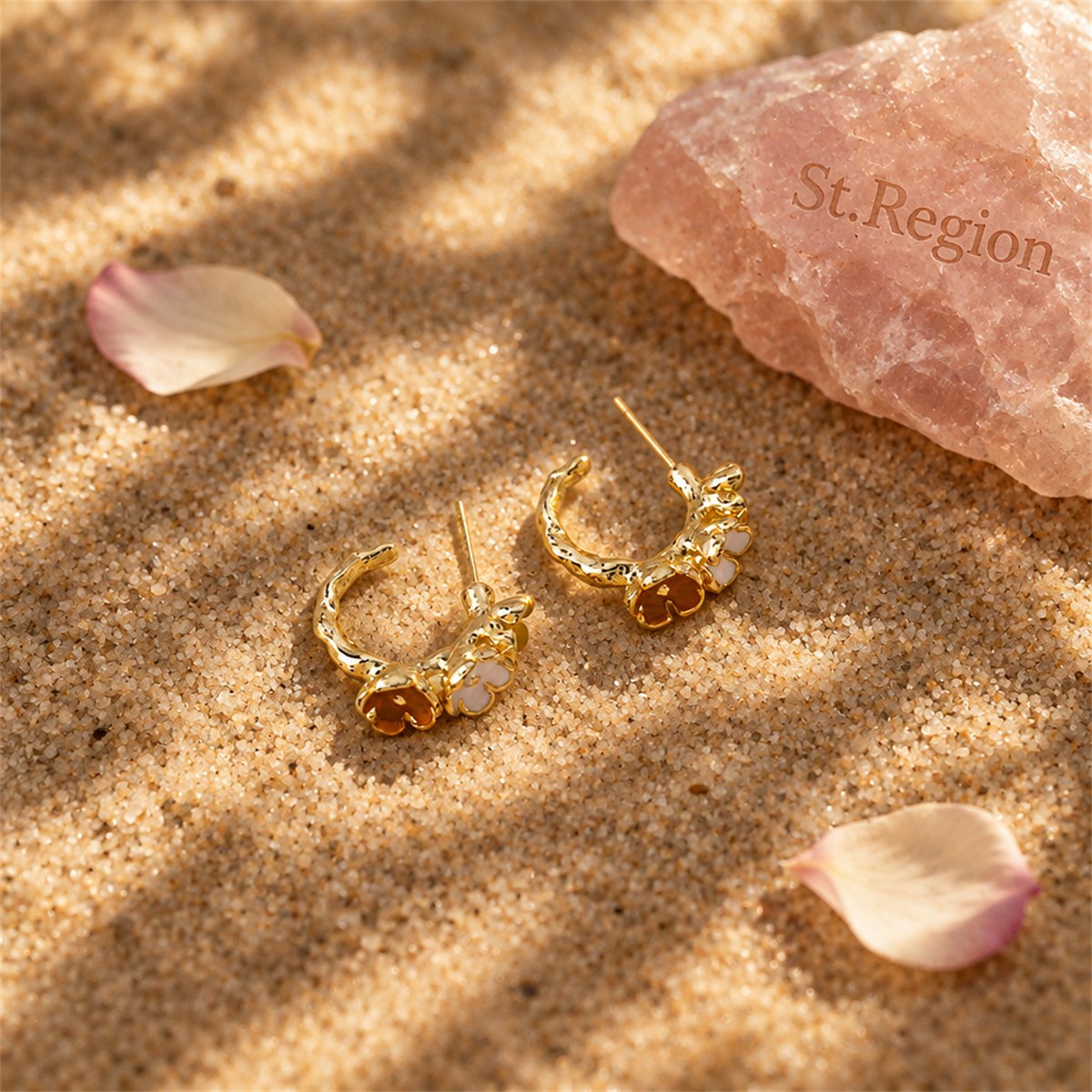 Red Enamel and 18K Gold-Plated Flower Huggie Earrings, gold huggie earrings, elegant gift for her, detail close-up