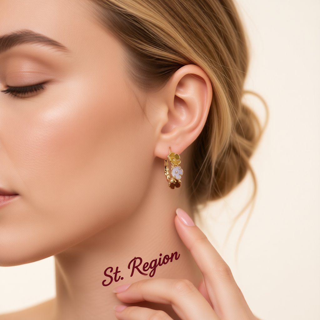 Red Enamel and 18K Gold-Plated Flower Huggie Earrings, gold huggie earrings, elegant gift for her, styled look