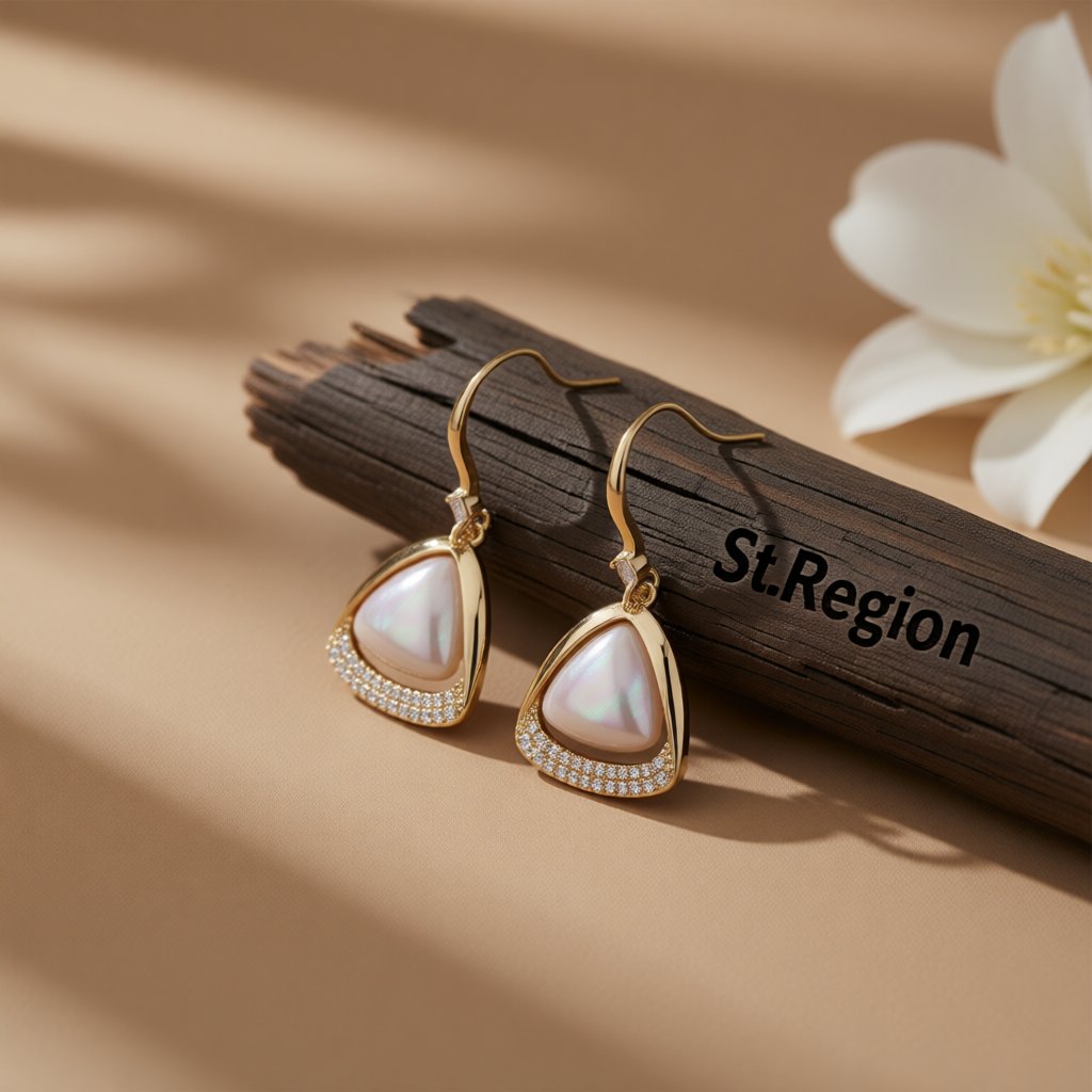 Pearl and Cubic Zirconia 18K Gold-Plated Open-Triangle Drop Earrings, gold drop earrings for women, front view