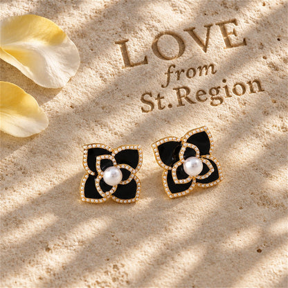 Pearl and Black Camellia 18K Gold-Plated Stud Earrings, gold stud earrings for women, everyday style, lifestyle look
