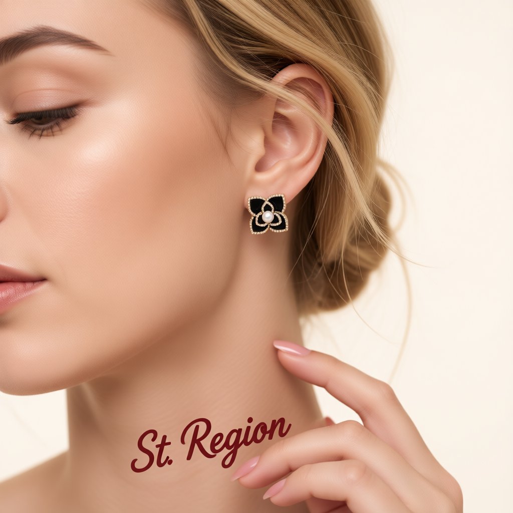 Pearl and Black Camellia 18K Gold-Plated Stud Earrings, gold stud earrings for women, everyday style, styled look