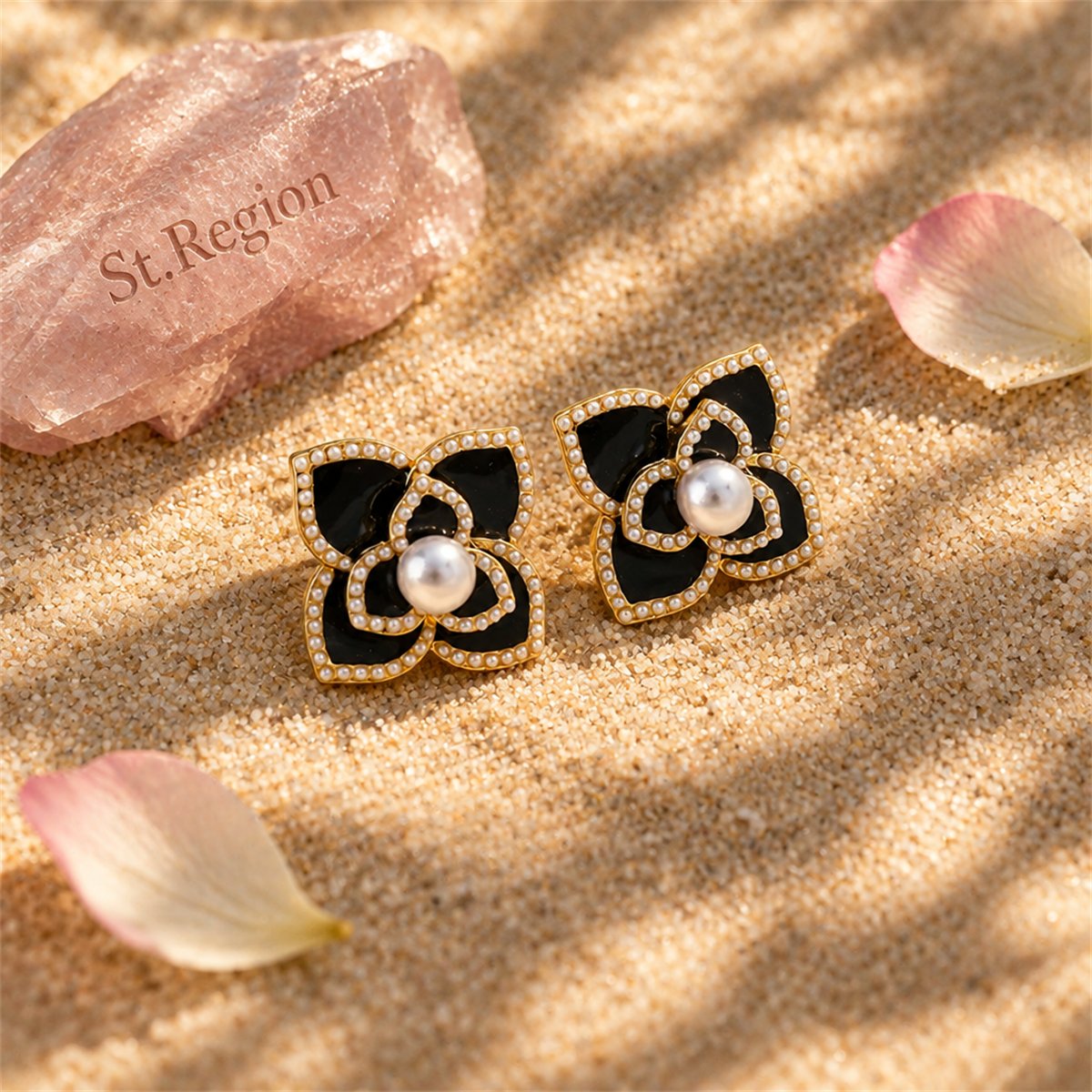 Pearl and Black Camellia 18K Gold-Plated Stud Earrings, gold stud earrings for women, everyday style, detail close-up