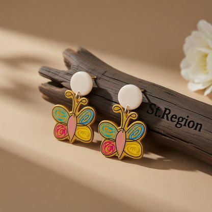 Yellow and Red Acrylic Tiered Butterfly Drop Earrings, drop earrings for women, elegant gift for her, front view