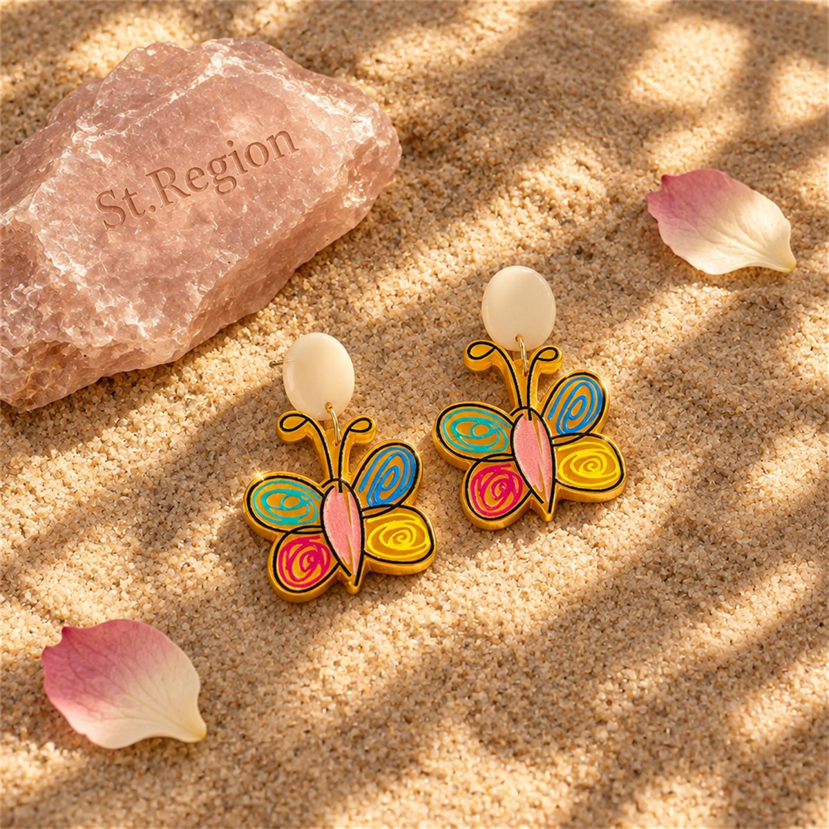 Yellow and Red Acrylic Tiered Butterfly Drop Earrings, drop earrings for women, elegant gift for her, detail close-up