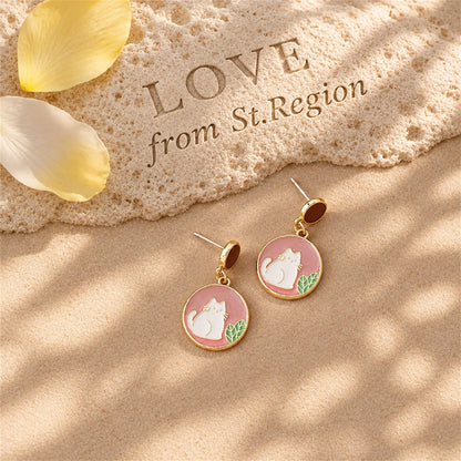 Pink Enamel and 18K Gold-Plated Round Cat Drop Earring, gold drop earrings for women, everyday style, lifestyle look