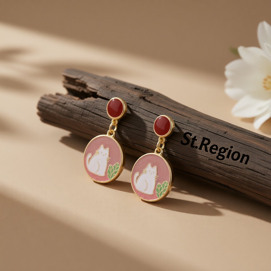 Pink Enamel and 18K Gold-Plated Round Cat Drop Earring, gold drop earrings for women, everyday style, front view