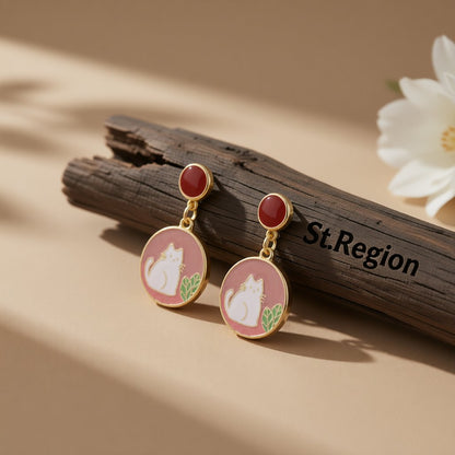 Pink Enamel and 18K Gold-Plated Round Cat Drop Earring, gold drop earrings for women, everyday style, front view