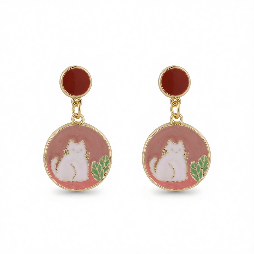 Pink Enamel and 18K Gold-Plated Round Cat Drop Earring, gold drop earrings for women, everyday style, side view