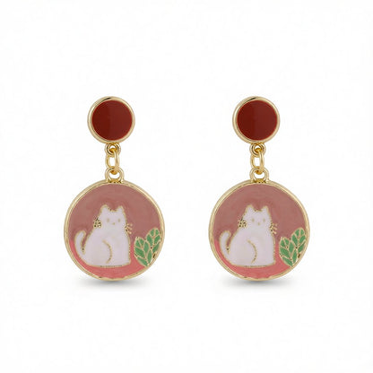Pink Enamel and 18K Gold-Plated Round Cat Drop Earring, gold drop earrings for women, everyday style, side view