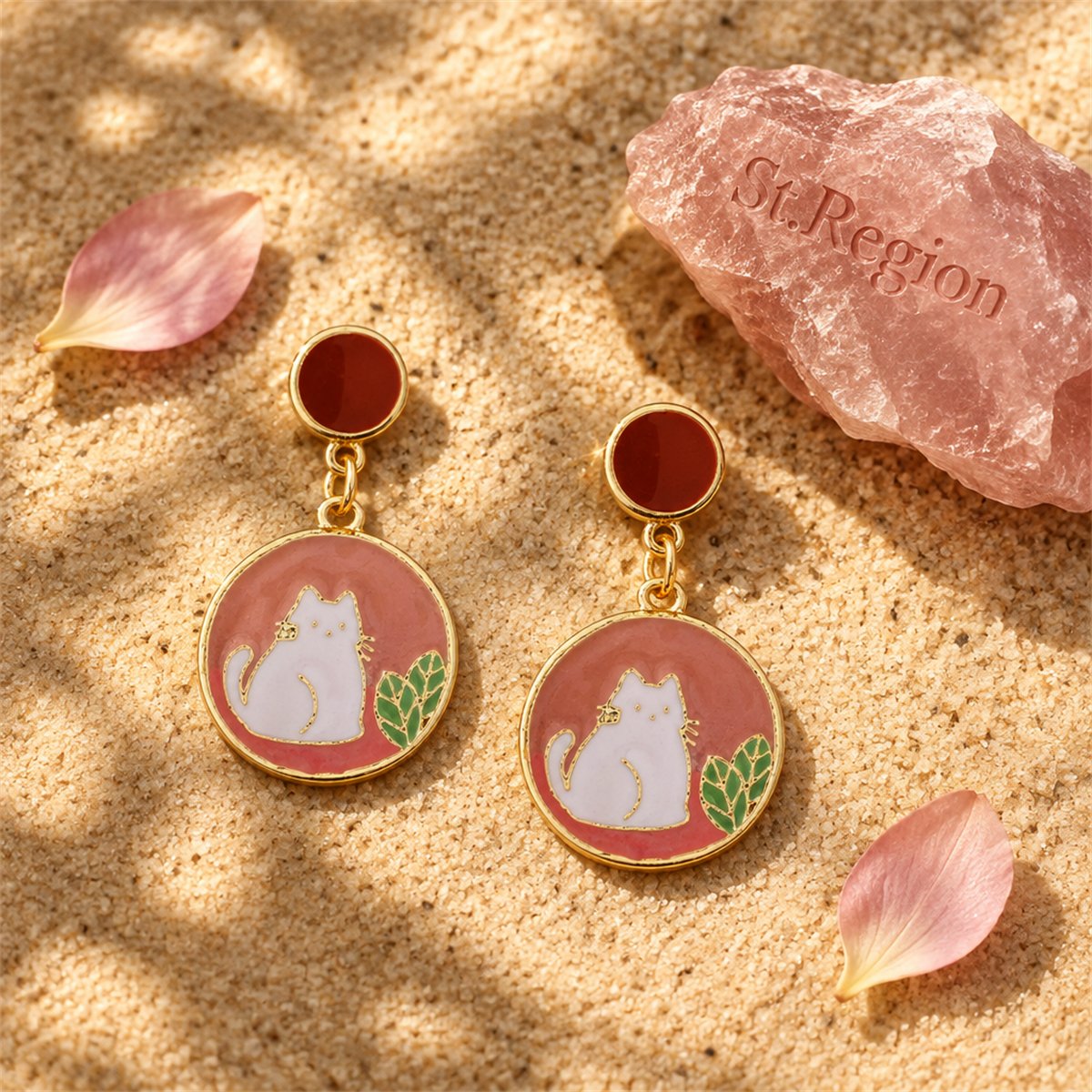 Pink Enamel and 18K Gold-Plated Round Cat Drop Earring, gold drop earrings for women, everyday style, detail close-up
