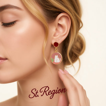 Pink Enamel and 18K Gold-Plated Round Cat Drop Earring, gold drop earrings for women, everyday style, styled look