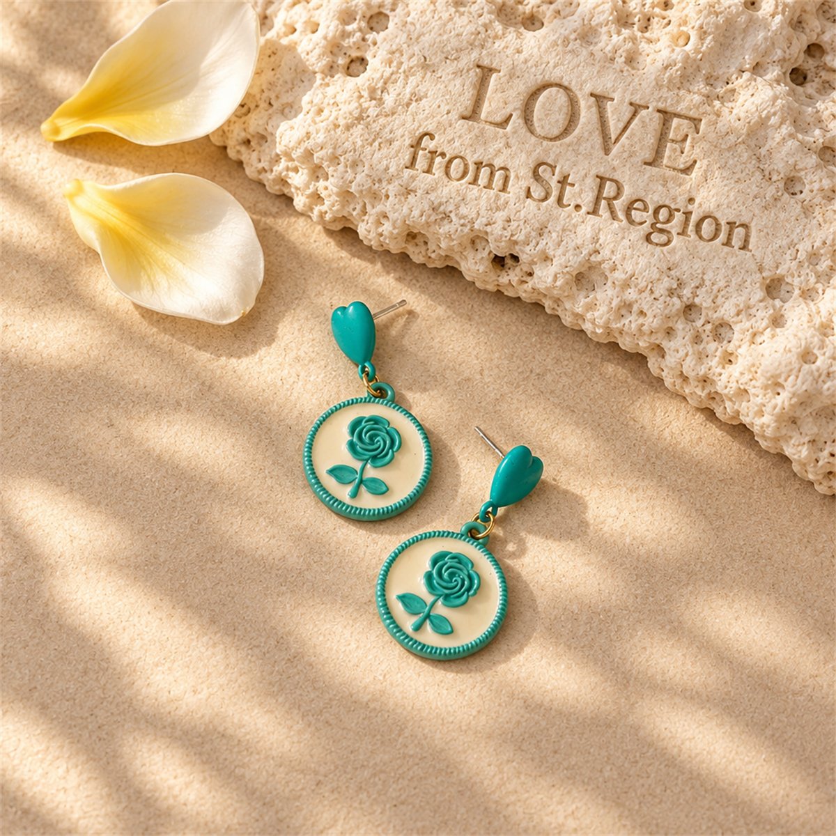 Green Enamel and 18K Gold-Plated Floral Disc Drop Earrings, gold drop earrings for women, botanical inspired, lifestyle look