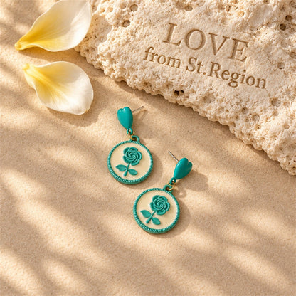 Green Enamel and 18K Gold-Plated Floral Disc Drop Earrings, gold drop earrings for women, botanical inspired, lifestyle look