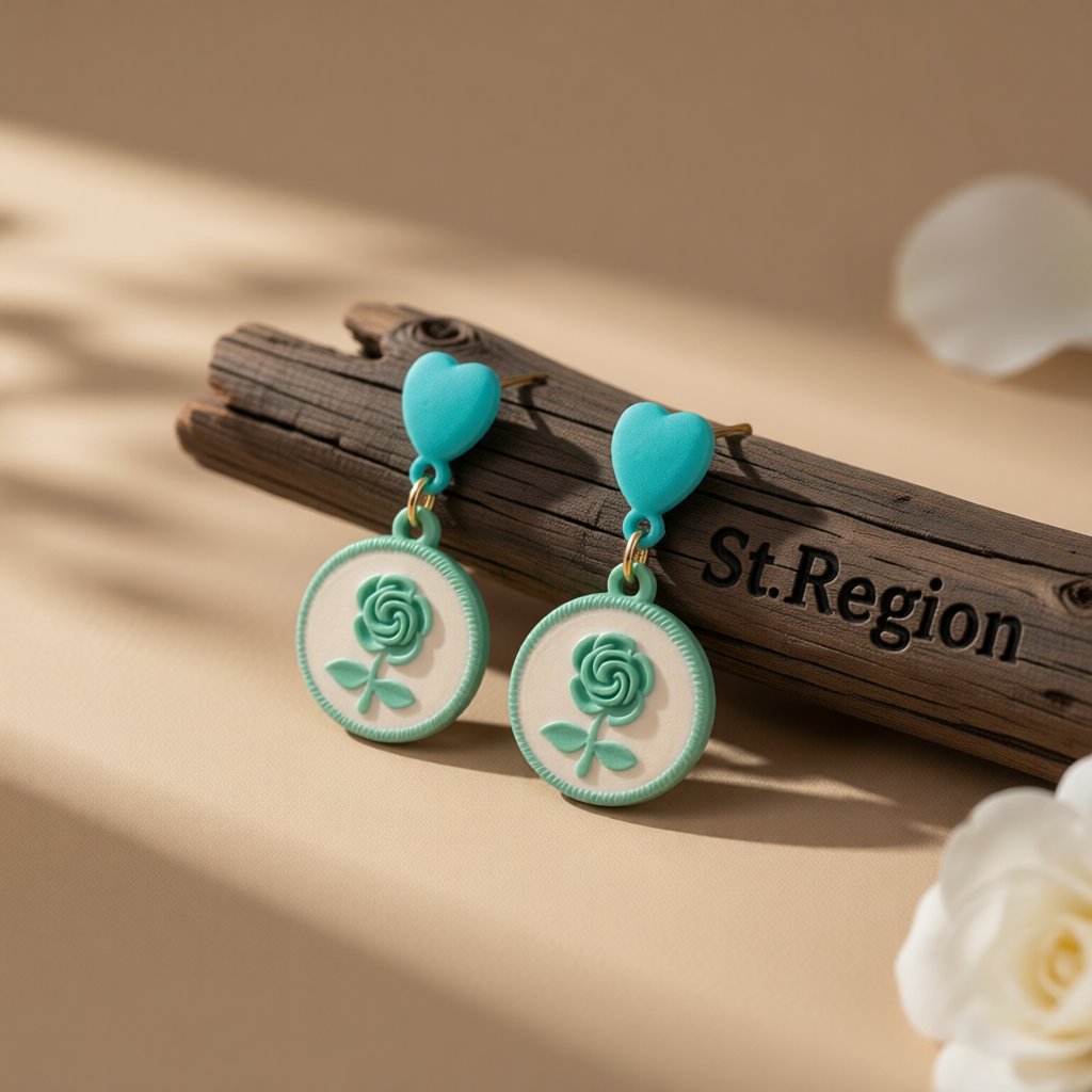 Green Enamel and 18K Gold-Plated Floral Disc Drop Earrings, gold drop earrings for women, botanical inspired, front view