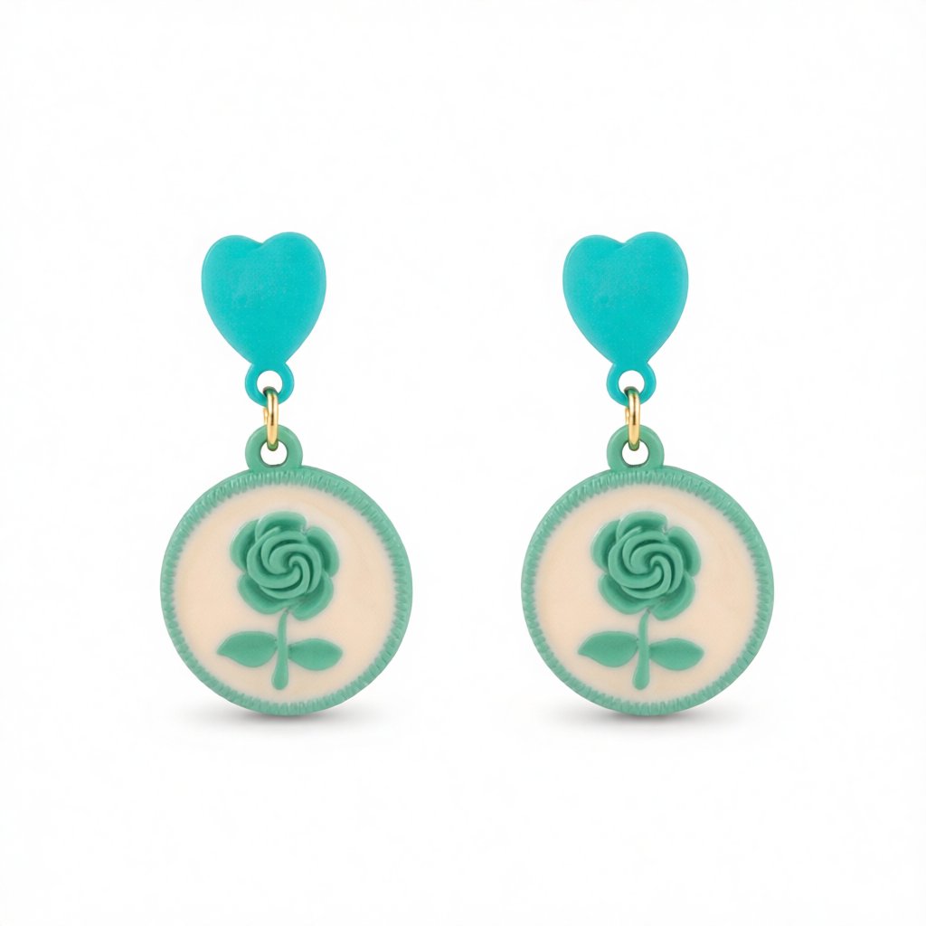 Green Enamel and 18K Gold-Plated Floral Disc Drop Earrings, gold drop earrings for women, botanical inspired, side view