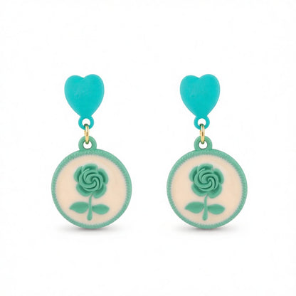 Green Enamel and 18K Gold-Plated Floral Disc Drop Earrings, gold drop earrings for women, botanical inspired, side view