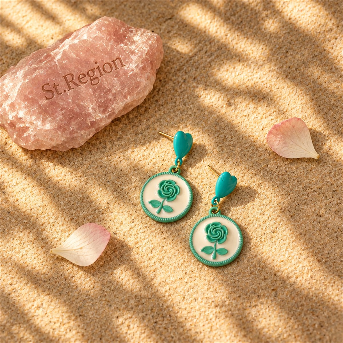 Green Enamel and 18K Gold-Plated Floral Disc Drop Earrings, gold drop earrings for women, botanical inspired, detail close-up