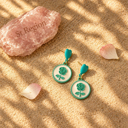 Green Enamel and 18K Gold-Plated Floral Disc Drop Earrings, gold drop earrings for women, botanical inspired, detail close-up
