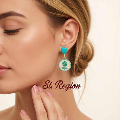 Green Enamel and 18K Gold-Plated Floral Disc Drop Earrings, gold drop earrings for women, botanical inspired, styled look
