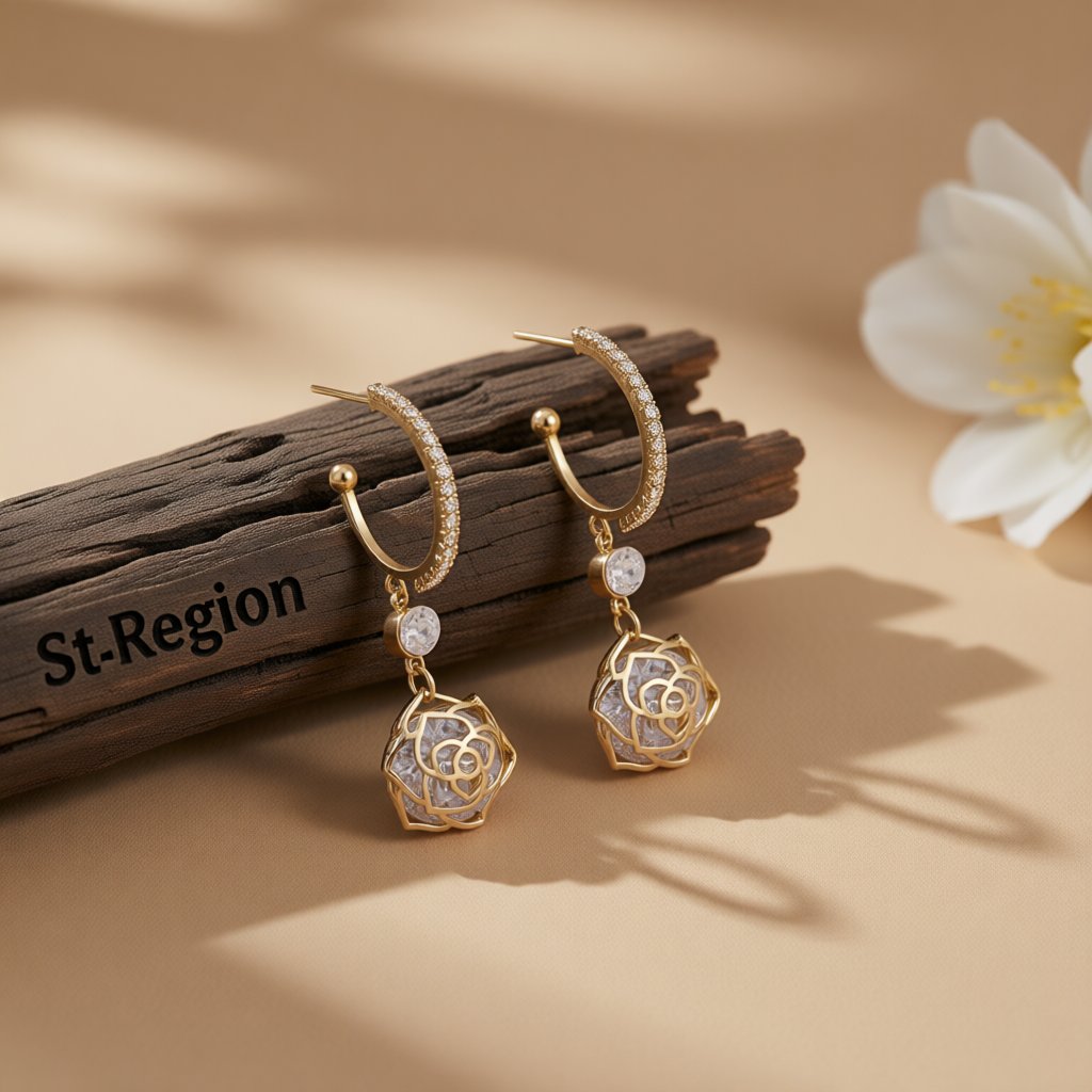 Cubic Zirconia and 18K Gold-Plated Open Rose Drop Earrings, gold huggie earrings, elegant gift for her, front view