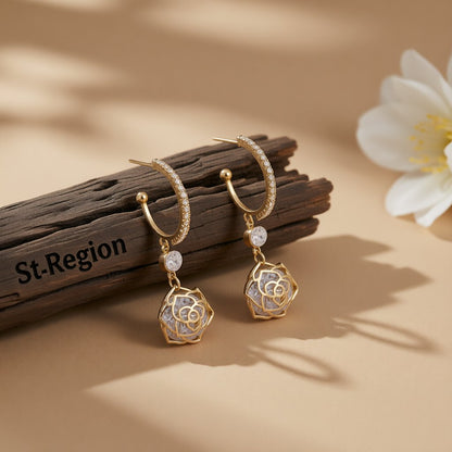 Cubic Zirconia and 18K Gold-Plated Open Rose Drop Earrings, gold huggie earrings, elegant gift for her, front view