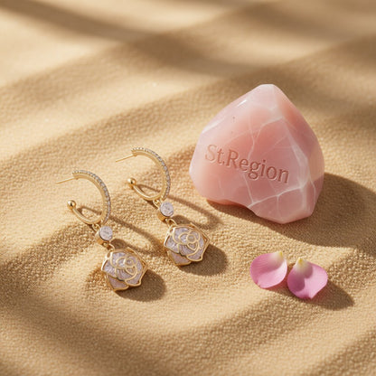 Cubic Zirconia and 18K Gold-Plated Open Rose Drop Earrings, gold huggie earrings, elegant gift for her, detail close-up