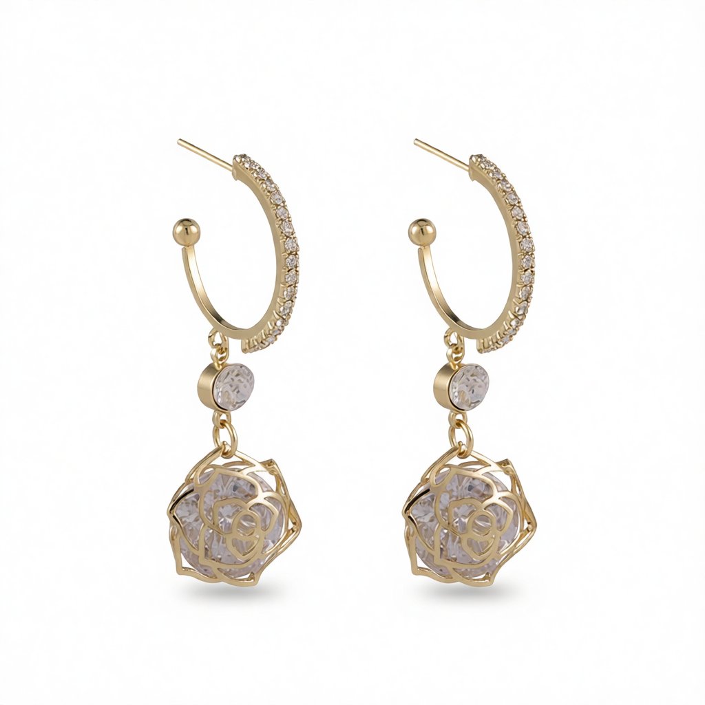 Cubic Zirconia and 18K Gold-Plated Open Rose Drop Earrings, gold huggie earrings, elegant gift for her, side view