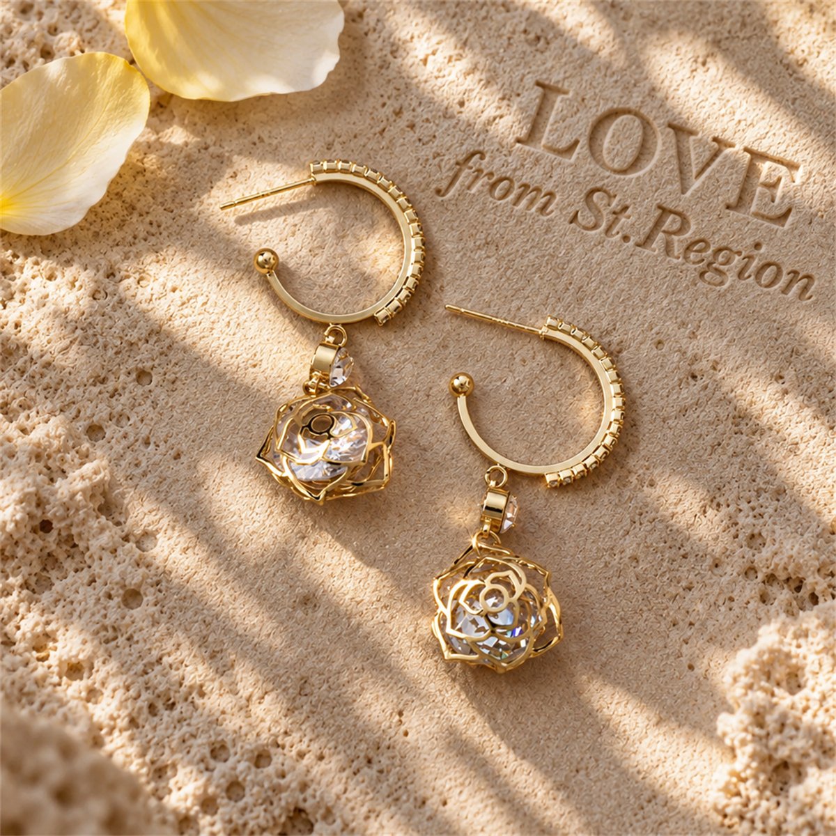 Cubic Zirconia and 18K Gold-Plated Open Rose Drop Earrings, gold huggie earrings, elegant gift for her, lifestyle look