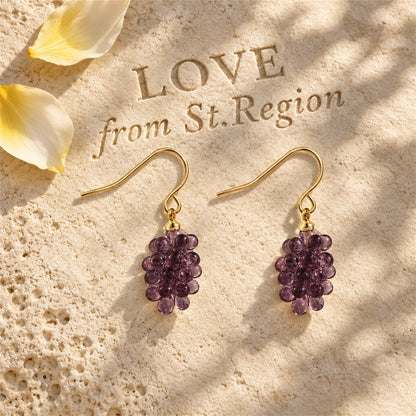 Purple Transparent Resin and 18K Gold-Plated Grape Bunch Drop Earrings, gold drop earrings for women, lifestyle look