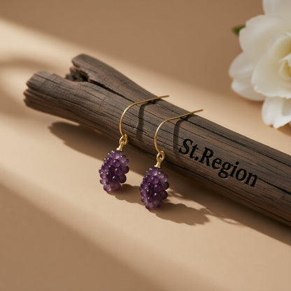 Purple Transparent Resin and 18K Gold-Plated Grape Bunch Drop Earrings, gold drop earrings for women, front view