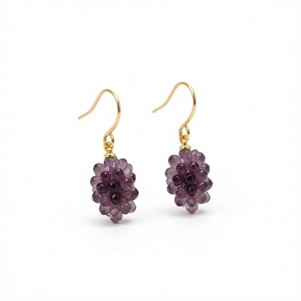 Purple Transparent Resin and 18K Gold-Plated Grape Bunch Drop Earrings, gold drop earrings for women, side view