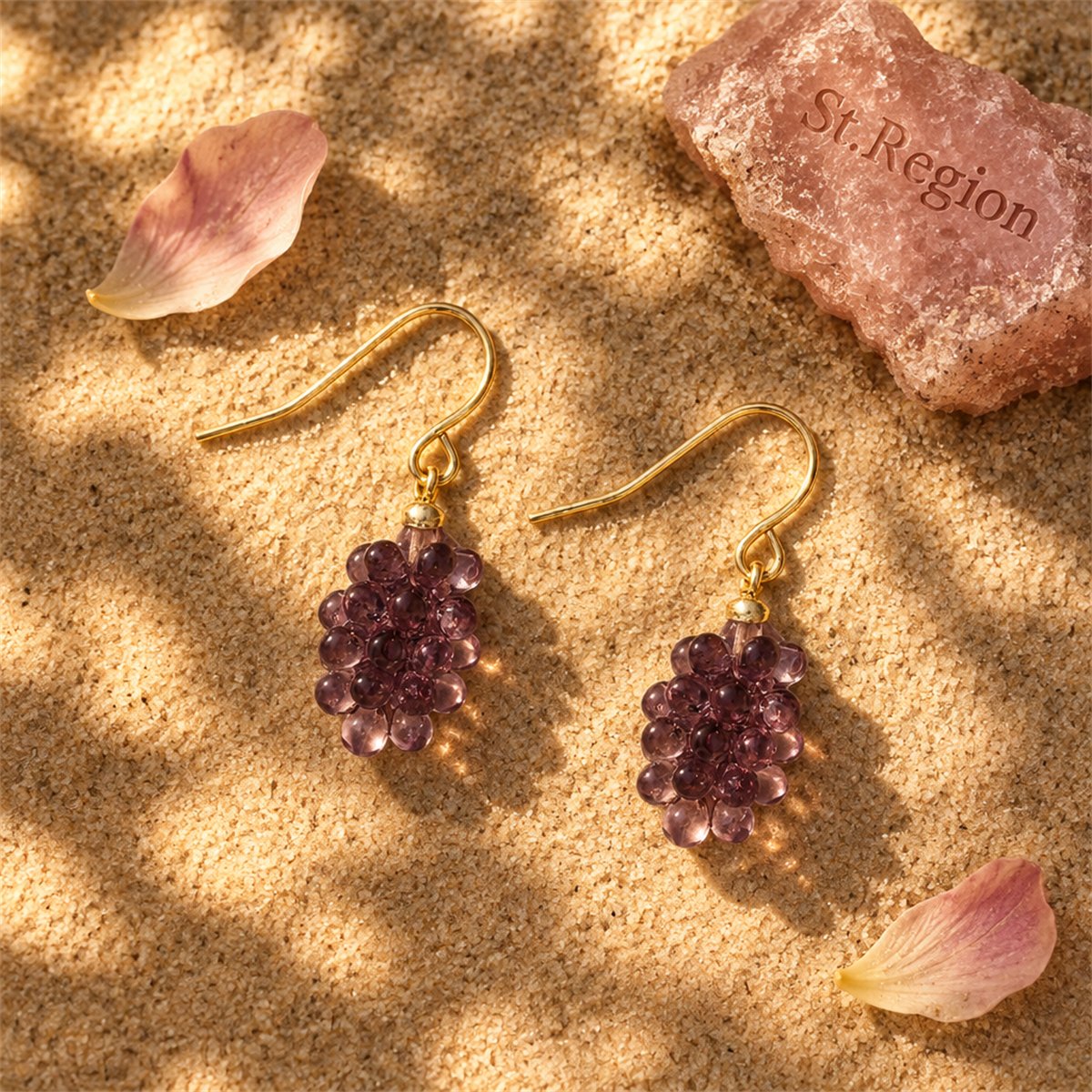 Purple Transparent Resin and 18K Gold-Plated Grape Bunch Drop Earrings, gold drop earrings for women, detail close-up
