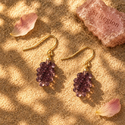 Purple Transparent Resin and 18K Gold-Plated Grape Bunch Drop Earrings, gold drop earrings for women, detail close-up