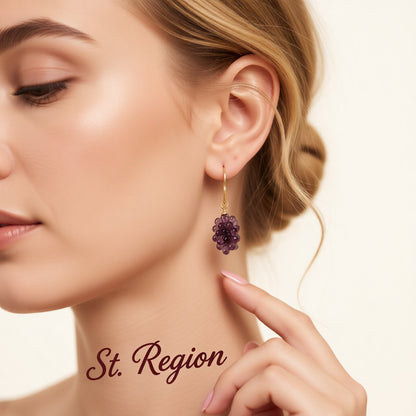 Purple Transparent Resin and 18K Gold-Plated Grape Bunch Drop Earrings, gold drop earrings for women, styled look