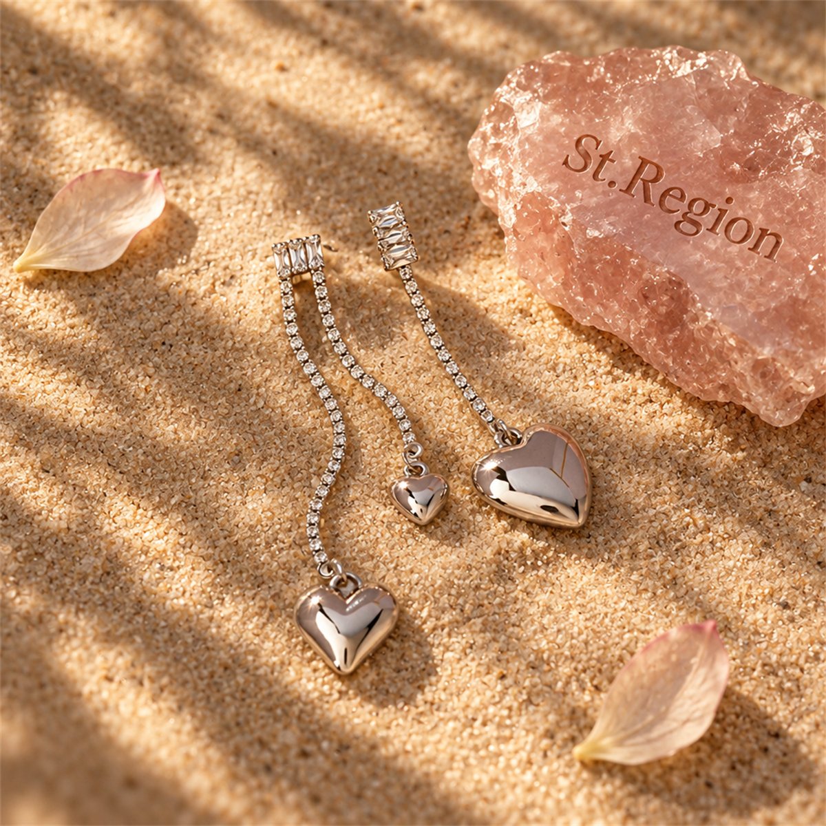 Cubic Zirconia and Silver-Plated Asymmetric Heart Drop Earrings, silver drop earrings for women, detail close-up