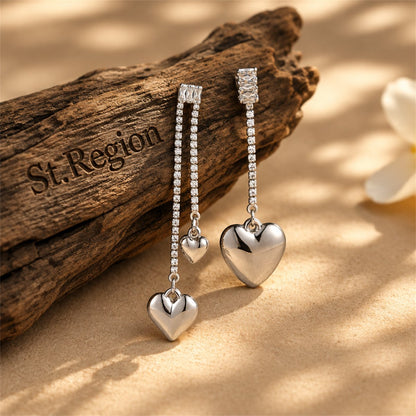 Cubic Zirconia and Silver-Plated Asymmetric Heart Drop Earrings, silver drop earrings for women, front view